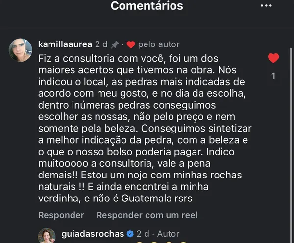 Comentário da Kamilla no Instagram sobre a Consultoria Rocca